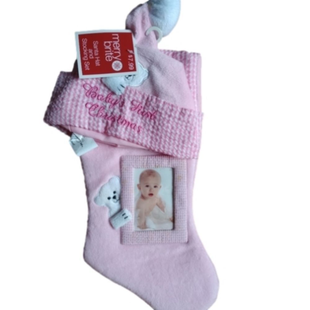 Merry Bright Baby's First Christmas Stockings & Hat Pink